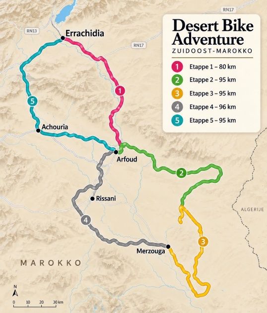 Routekaart van Zuidoost-Marokko met vijf etappes: Errachidia, Erfoud (Arfoud), Merzouga, Rissani en Achouria